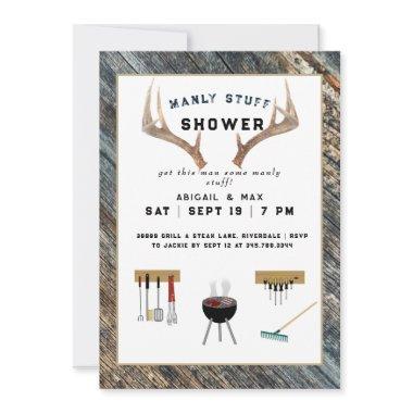 Rustic Antlers Manly Stuff Couples Wedding Shower Invitations