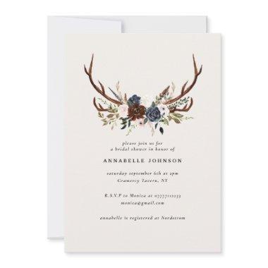 Rustic antlers navy burgundy floral bridal shower