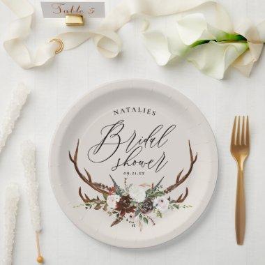 Rustic antlers watercolor floral bridal shower paper plates