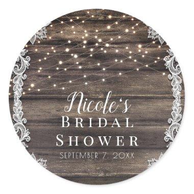 Rustic Ash Brown Wood Lace & Lights Wedding Bridal Classic Round Sticker
