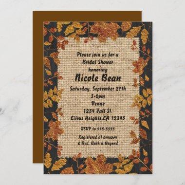 Rustic Autumn Fall Golden Tone Leaves & Burlap Invitations