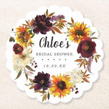 Rustic Autumn Floral Bridal Shower Paper Coaster
