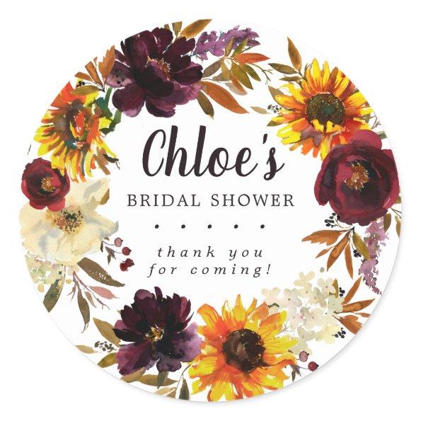 Rustic Autumn Floral Bridal Shower Thank You Classic Round Sticker