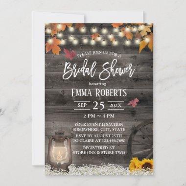 Rustic Autumn Leaves & Lantern Wood Bridal Shower Invitations