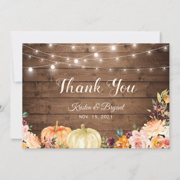 Rustic Autumn Pumpkins Floral String Lights Thank You Invitations