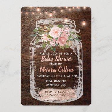Rustic Baby Shower, Mason Jar Lights Boho Floral Invitations