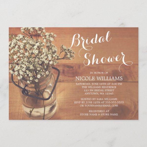 Rustic Baby's Breath Mason Jar Wood Bridal Shower Invitations