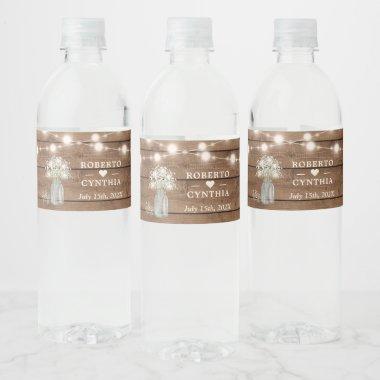 Rustic Baby's Breath String lights Wedding Water Bottle Label