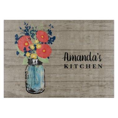 Rustic Barn Coral Gerber Daisy Mason Jar Monogram Cutting Board