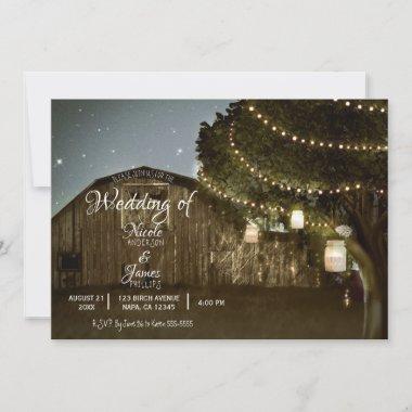 Rustic Barn & Tree Lights Country Jars Wedding Invitations