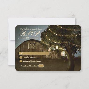 Rustic Barn & Tree Lights Wedding RSVP Card