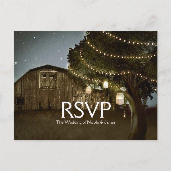 Rustic Barn & Tree Lights Wedding RSVP Card