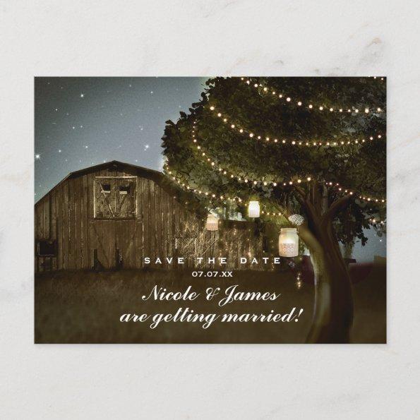 Rustic Barn & Tree Lights Wedding Save The Date Announcement PostInvitations