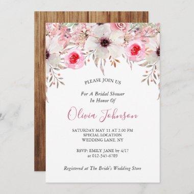 Rustic Barn Wood Floral Blush Pink Bridal Shower Invitations