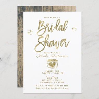Rustic Barn Wood Gold & White Chic Bridal Shower Invitations