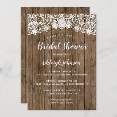 Rustic Barn Wood Lace Calligraphy Bridal Shower Invitations