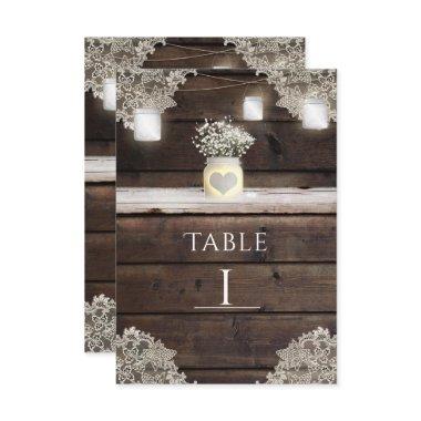 Rustic Barn Wood, Lace & Mason Jars Table Number