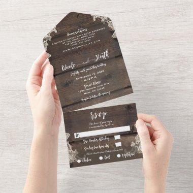 Rustic Barn Wood & Lace Romantic Elegant Wedding  All In One Invitations