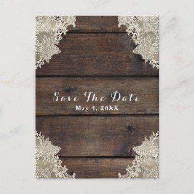 Rustic Barn Wood & Lace Romantic Save the Date Announcement PostInvitations
