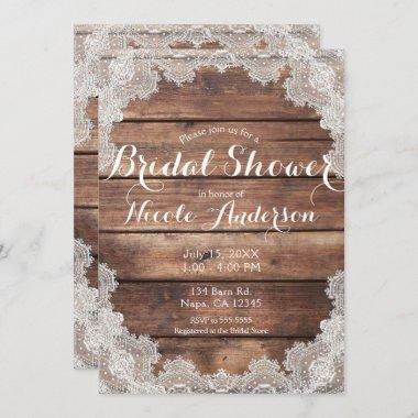 Rustic Barn Wood Romantic Lace Bridal Shower Invitations
