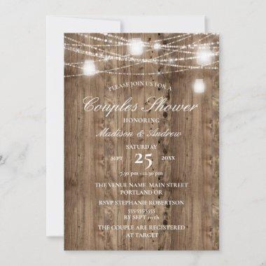 Rustic Barn Wood String of Lights Couples Shower Invitations