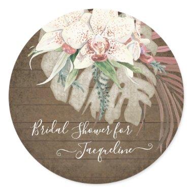 Rustic Barn Wood White Orchid Sage Floral Foliage Classic Round Sticker