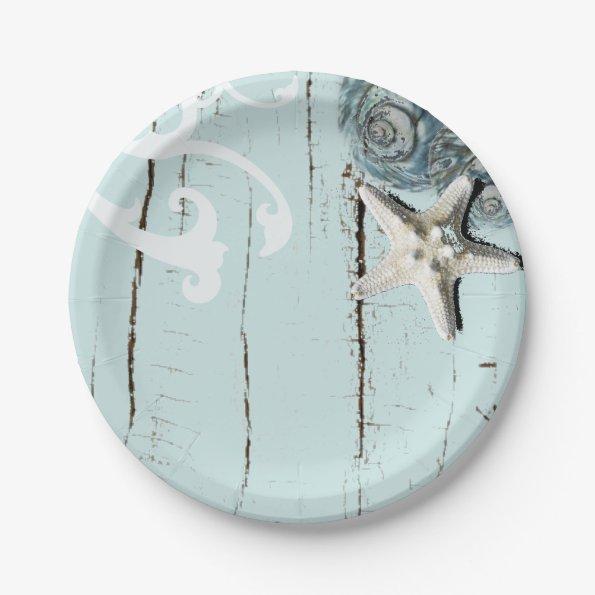 rustic beach aqua blue seashell starfish wedding paper plates