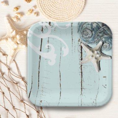 rustic beach aqua blue seashell starfish wedding paper plates