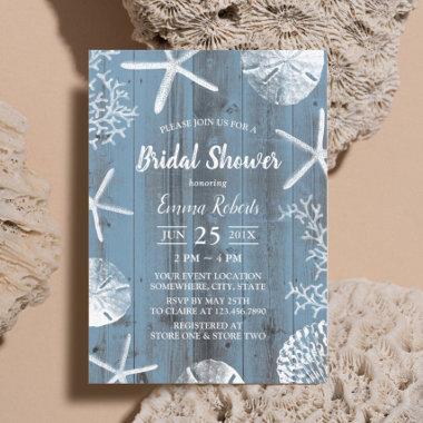 Rustic Beach Seashells Dusty Blue Bridal Shower Invitations