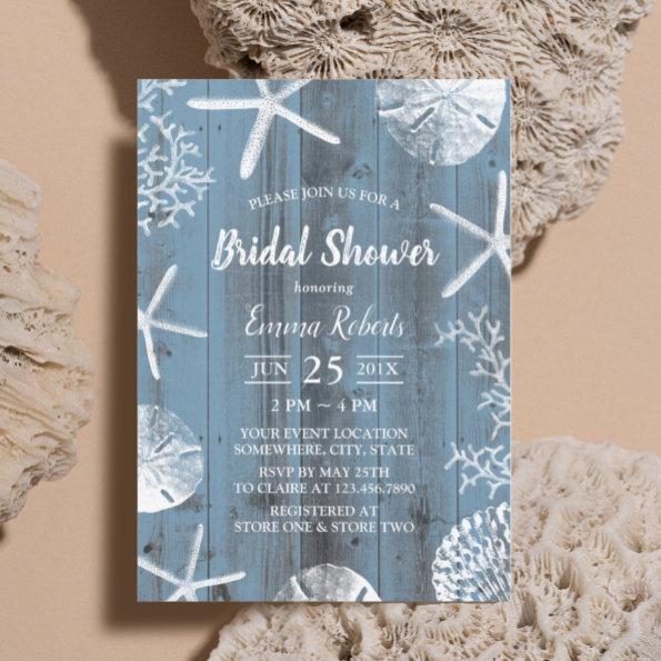 Rustic Beach Seashells Dusty Blue Bridal Shower Invitations
