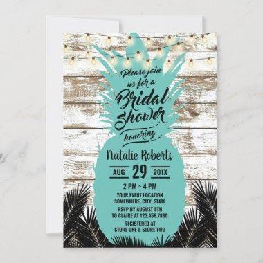 Rustic Beach Teal Pineapple Wood Bridal Shower Invitations