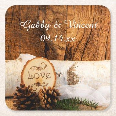 Rustic Birch Tree and Barn Wood Wedding Square Paper Coaster
