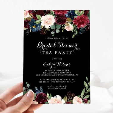Rustic Black Botanical Bridal Shower Tea Party Invitations