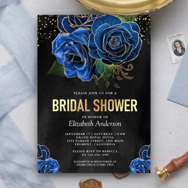 Rustic Black Gold Royal Blue Floral Bridal Shower Invitations