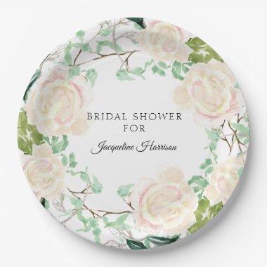Rustic Bloom Bridal Shower Floral Ivory Peach Rose Paper Plates