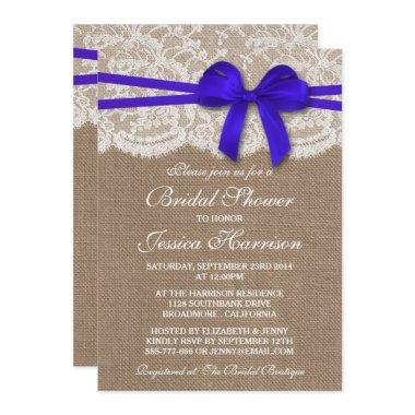 Rustic Blue Bow, Burlap & Lace Bridal Shower Invitations