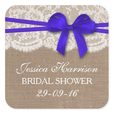 Rustic Blue Bow, Burlap & Lace Bridal Shower Square Sticker