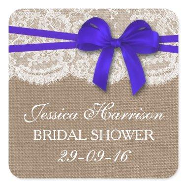 Rustic Blue Bow, Burlap & Lace  Square Sticker