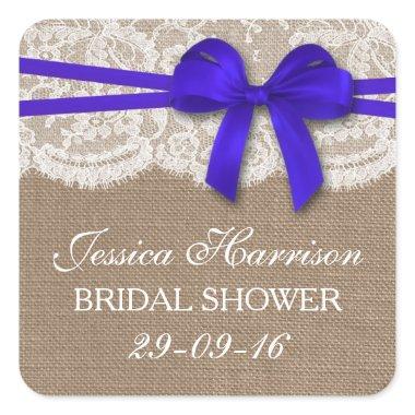 Rustic Blue Bow, Burlap & Lace Bridal Shower Square Sticker