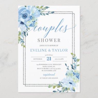 Rustic blue floral silver frame couples shower Invitations