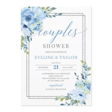 Rustic blue floral silver frame couples shower Invitations