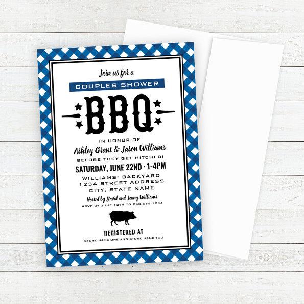 Rustic Blue Gingham Wedding Couples Shower BBQ Invitations