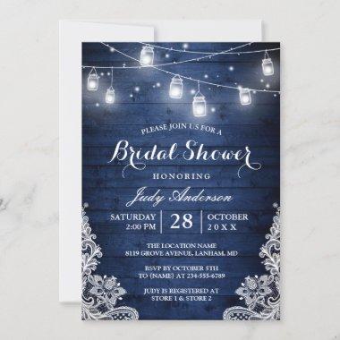 Rustic Blue Mason Jars Lights Lace Bridal Shower Invitations