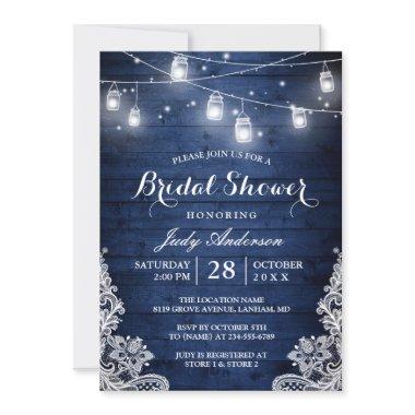 Rustic Blue Mason Jars Lights Lace Bridal Shower Invitations