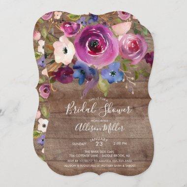 Rustic Blue Plum Floral Bridal Shower Invitations