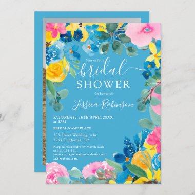 Rustic blue summer floral photo bridal shower Invitations