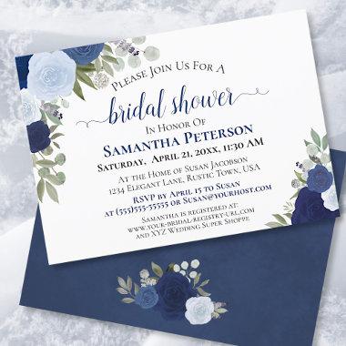 Rustic Blue Watercolor Floral Chic Bridal Shower Invitations