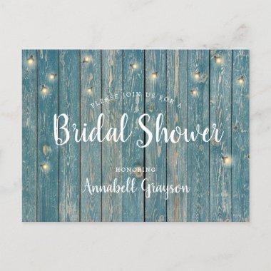 Rustic Blue Wood Fireflies Bridal Shower Invitation PostInvitations