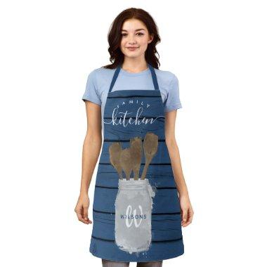 Rustic Blue Wood Jar Spoon Family Kitchen Apron