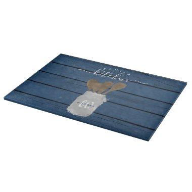 Rustic Blue Wood Jar Spoon Family Kitchen Decor Cutting Board